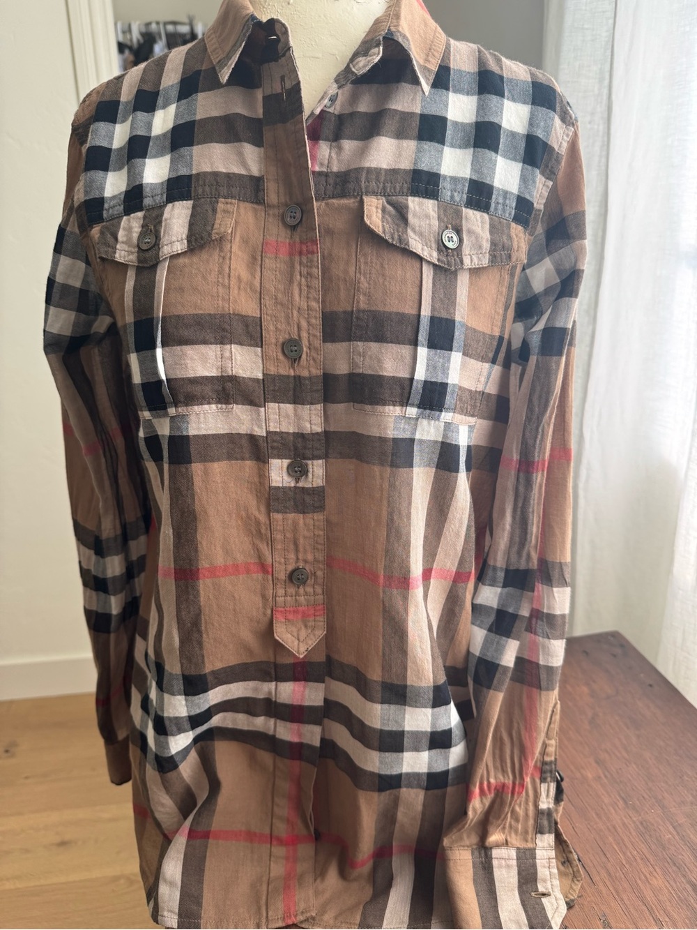 Burberry Brown Plaid Button-Front Pullover long sleeve Shirt XSmall